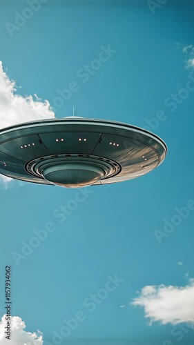 Flying saucer hovering in a clear blue sky with clouds on a sunny day