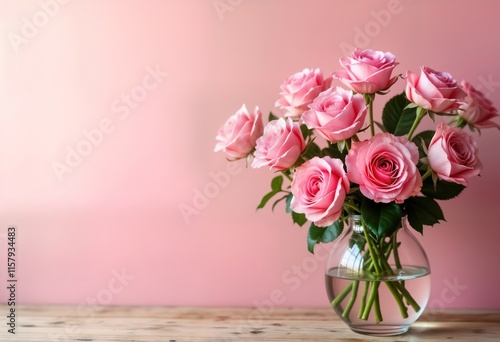 Wallpaper Mural Beautiful bouquet of pink roses in clear glass vase. Roses vibrant, fresh against soft pink wall background. Image perfect for romantic occasions like Valentine Day anniversaries. Lovely floral Torontodigital.ca