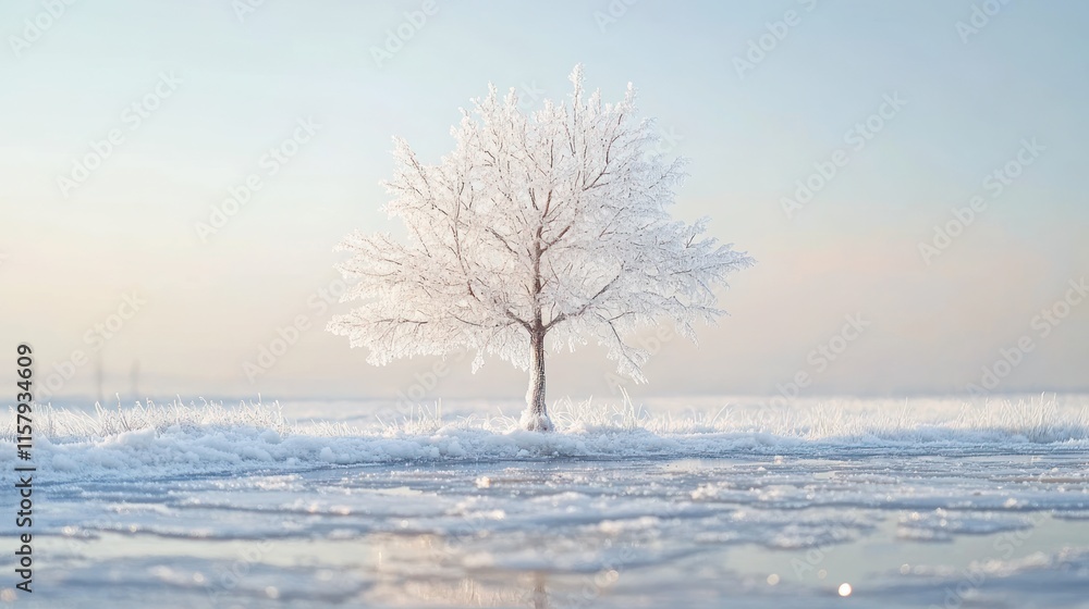Fototapeta premium Frosty winter tree in snowy field.