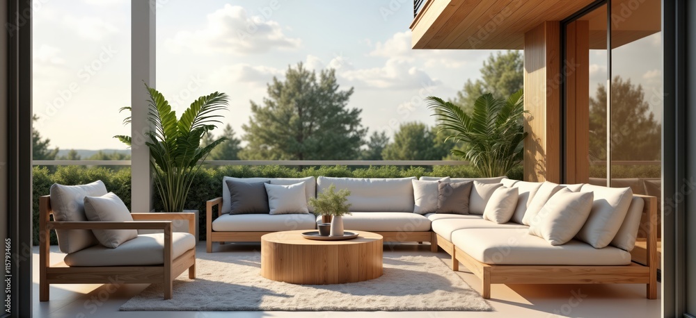 Fototapeta premium Wooden outdoor furniture on balcony with view of trees, sky. Cozy living area with comfy sofa set, armchairs. Relaxing patio space perfect for resort vacation. Modern design, natural elements create
