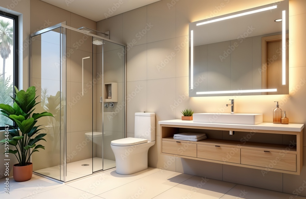 Modern bathroom features large mirror with ambient lighting walk-in shower. Spacious, luxurious interior design. Roomy vanity area with sink, drawers. Houseplant adds touch of nature, tropical feel. Modern bathroom features large mirror with ambient lighting walk-in shower. Spacious, luxurious interior design. Roomy vanity area with sink, drawers. Houseplant adds touch of nature, tropical feel.