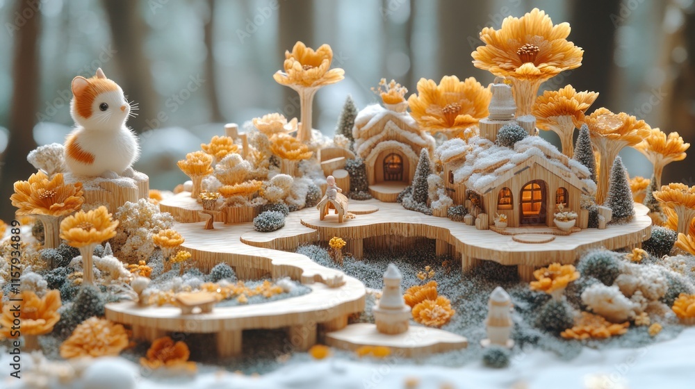 A whimsical miniature scene featuring charming houses and vibrant flowers in a forest setting. A whimsical miniature scene featuring charming houses and vibrant flowers in a forest setting.