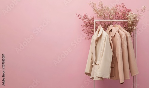 Wallpaper Mural Stylish pink and beige clothing on a rack with decorative dried flowers against a pink background. Torontodigital.ca