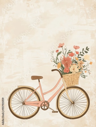 Vintage bicycle design featuring a basket full of colorful spring flowers and ample space for personalized text. Generative AI photo