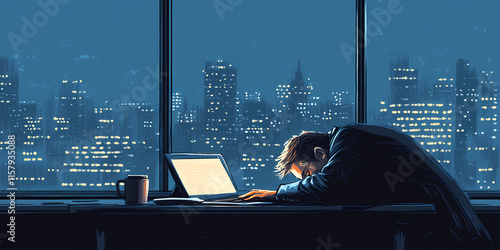 Man in suit exhausted at desk with city skyline view during late hours of night