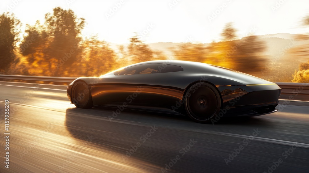 Obraz premium Sleek black electric car driving fast on highway at sunset.