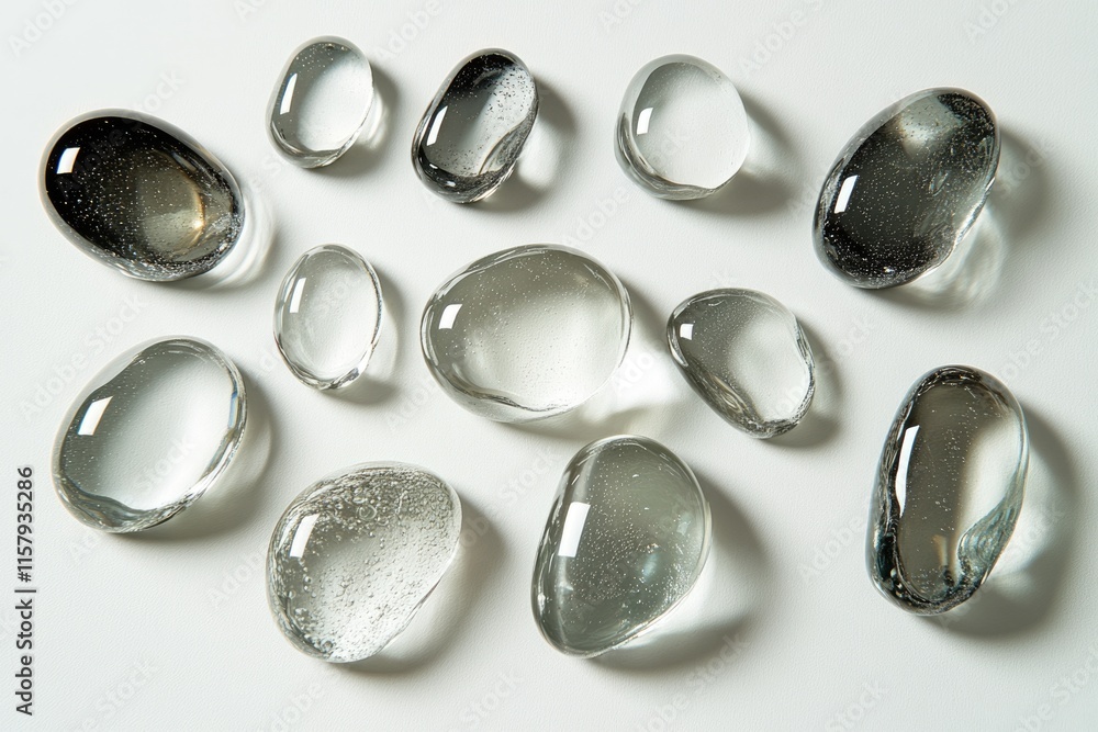 Collection of smooth, translucent glass stones in varying shades of gray and clear, arranged on a white background. Collection of smooth, translucent glass stones in varying shades of gray and clear, arranged on a white background.