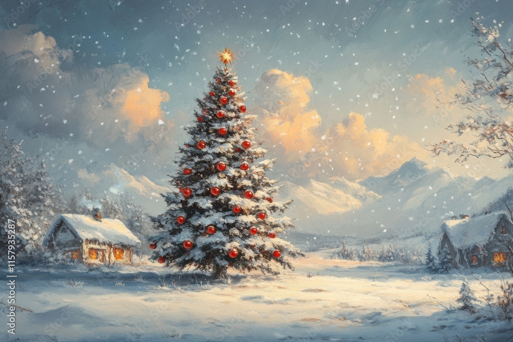 Enchanting winter wonderland snowy christmas tree and cozy cabins in a serene mountain landscape Enchanting winter wonderland snowy christmas tree and cozy cabins in a serene mountain landscape