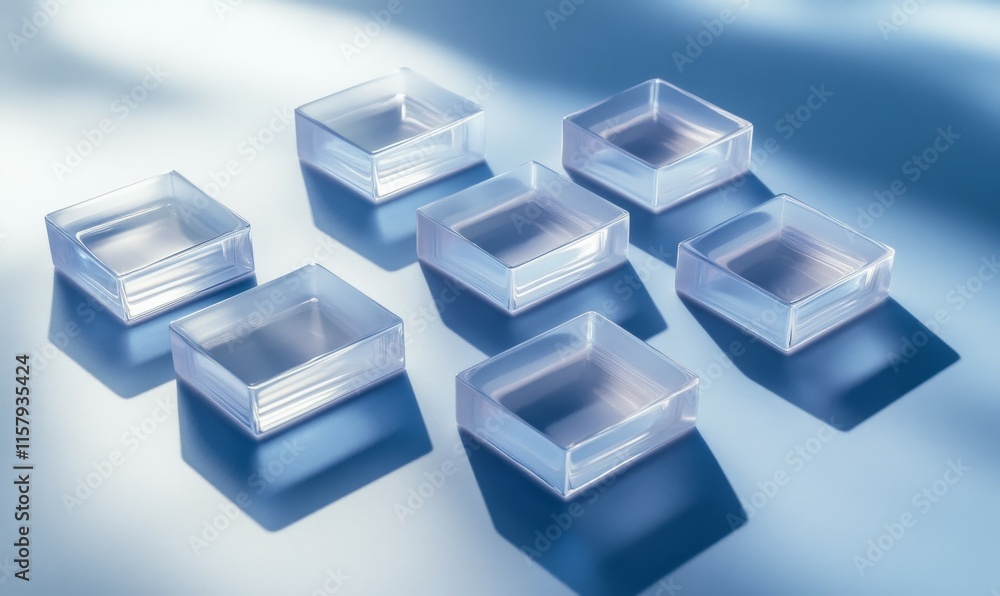 Obraz premium Translucent Blocks on a Blue Surface. Innovative Tech Aesthetic with copy space. 3D Render.