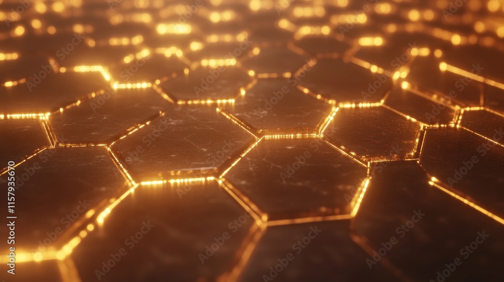 Golden hexagonal grid glowing in the dark. Golden hexagonal grid glowing in the dark.