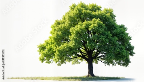 Green European ash tree with foliage stands on grassy ground against white background. Isolated tree for eco-friendly projects nature-inspired designs. Ideal for illustrations nature-themed apps. photo