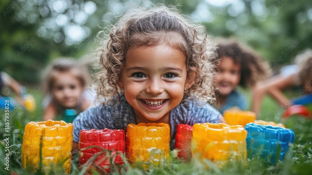 Fototapeta premium A joyful child playing outdoors with colorful stacking toys surrounded by friends.