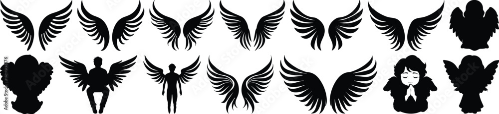 Fototapeta premium Angel silhouettes set, wing pack of vector silhouette design, isolated background