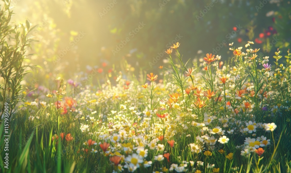 Sunlit wildflower meadow with vivid blossoms swaying gently in the breeze, fine details of petals and grasses captured in sharp focus. Sunlit wildflower meadow with vivid blossoms swaying gently in the breeze, fine details of petals and grasses captured in sharp focus.