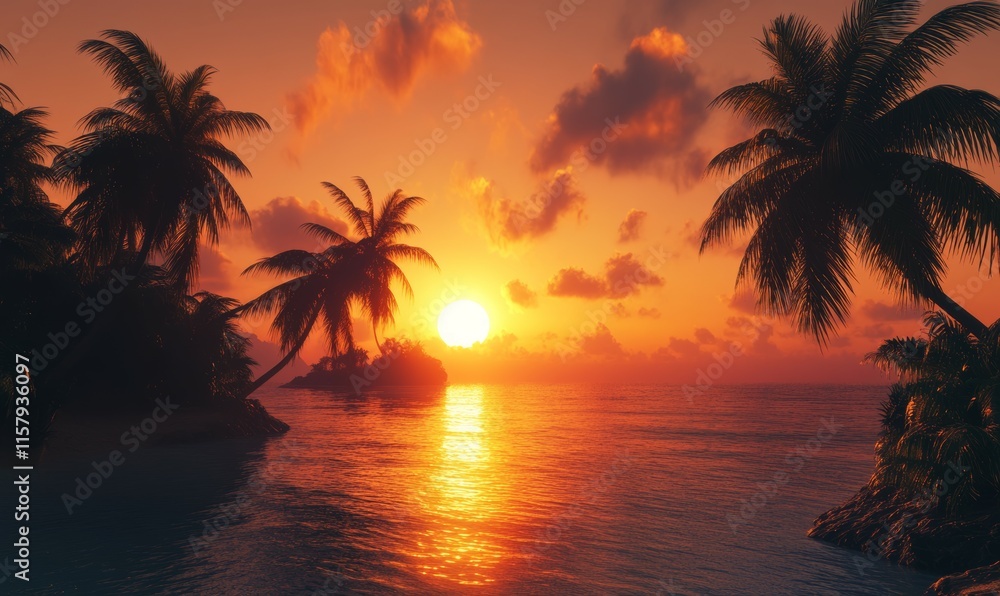 Obraz premium Sunset over a tropical island with lush palm trees silhouetted against the orange sky.