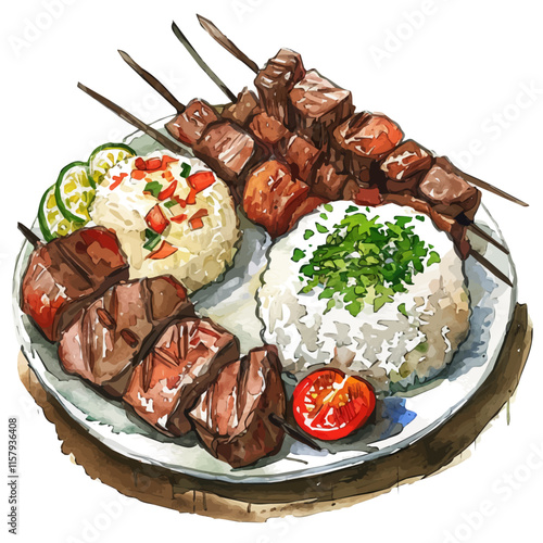 A watercolor vector painting of Brazilian churrasco with grilled meat and rice, isolated on a white background. Brazilian churrasco vector.


