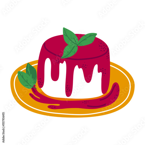 Panna cotta topped with berry sauce and fresh mint on vibrant plate. For cookbooks, dessert menus, culinary blogs, or food-related graphic designs