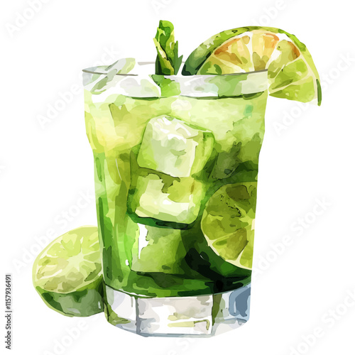 A watercolor vector painting of Brazilian caipirinha cocktail with lime and sugar, isolated on a white background. Brazilian caipirinha vector.

