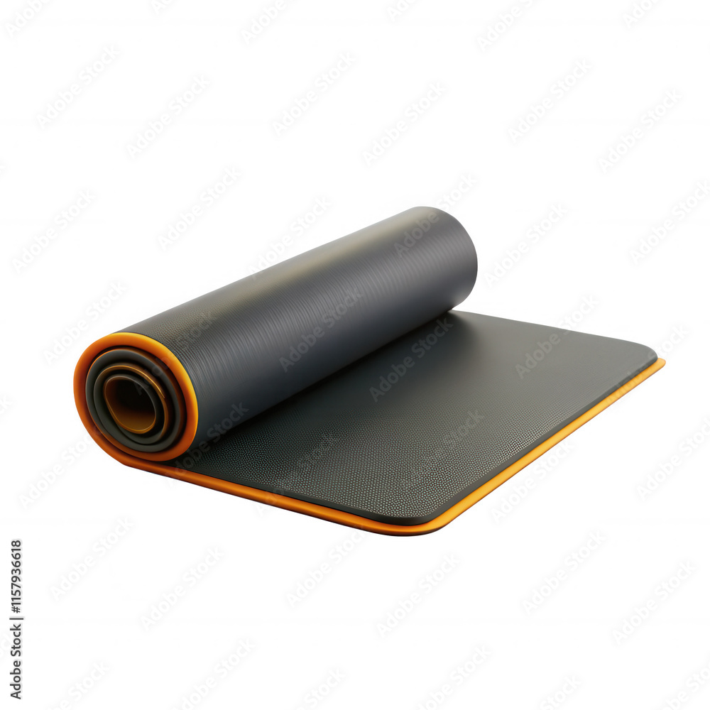 A rolled yoga mat featuring a black surface with an orange trim, designed for comfort during workouts or yoga sessions. A rolled yoga mat featuring a black surface with an orange trim, designed for comfort during workouts or yoga sessions.