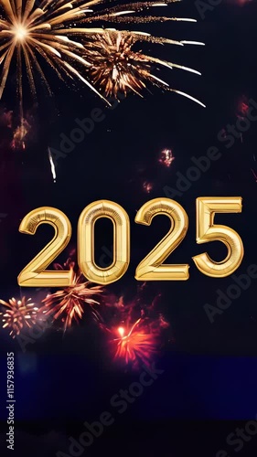 Golden 2025 with sparkling fireworks on a dark night sky