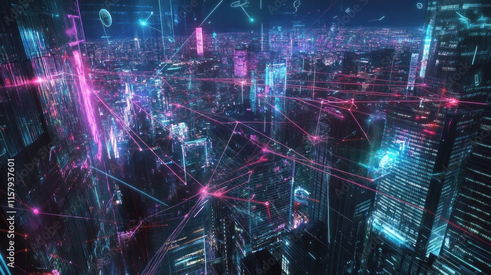 Futuristic cityscape with glowing network connections. Futuristic cityscape with glowing network connections.