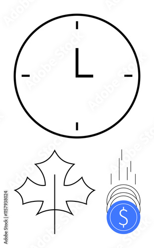 Clock indicating time, maple leaf representing nature, and blue coins symbolizing financial growth. Ideal for productivity, time management, environmental issues, economics, sustainability