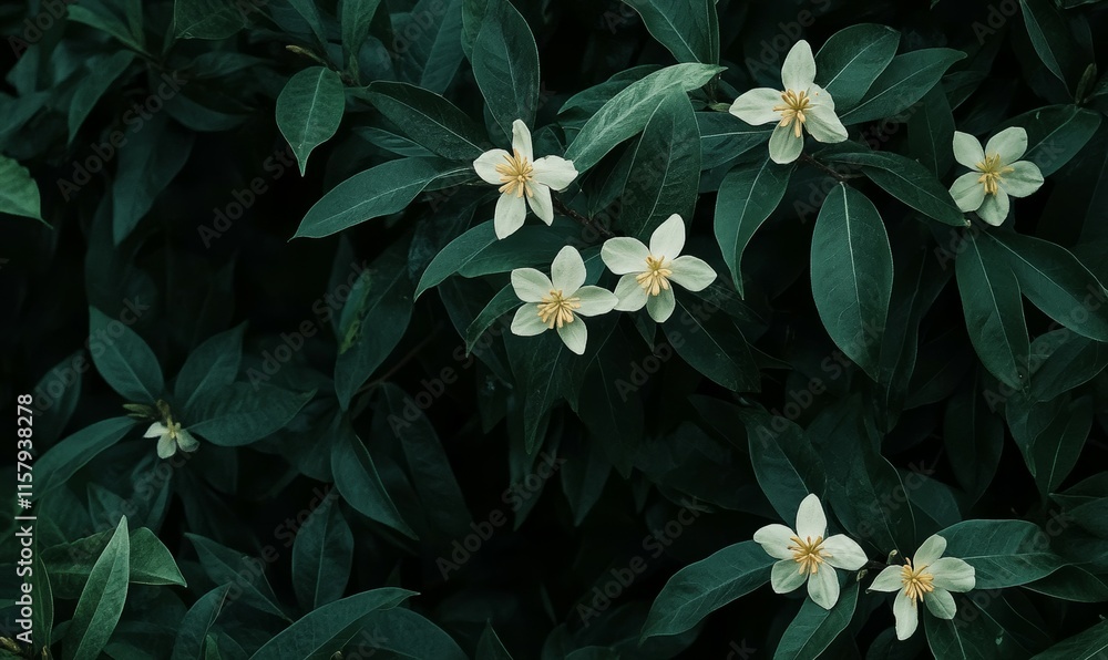 Obraz premium The Jasmine of poets, or common Seringa, Philidelphus coronarius, is characterized by its white flowers that stand out against its dark green foliage.