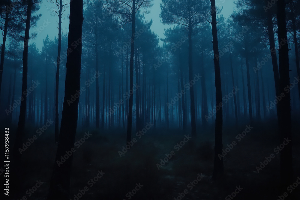 Fototapeta premium Mysterious, fog-shrouded forest at twilight. Dark trees and an eerie atmosphere.