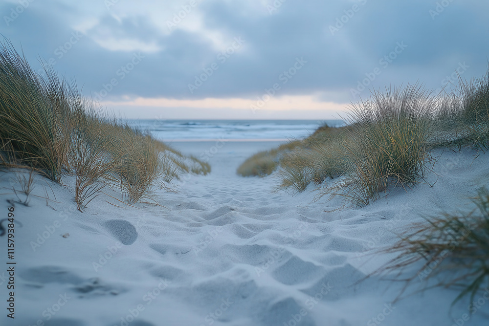 Sandy path leading to the ocean, bordered by beach grass under a cloudy sky. Sandy path leading to the ocean, bordered by beach grass under a cloudy sky.