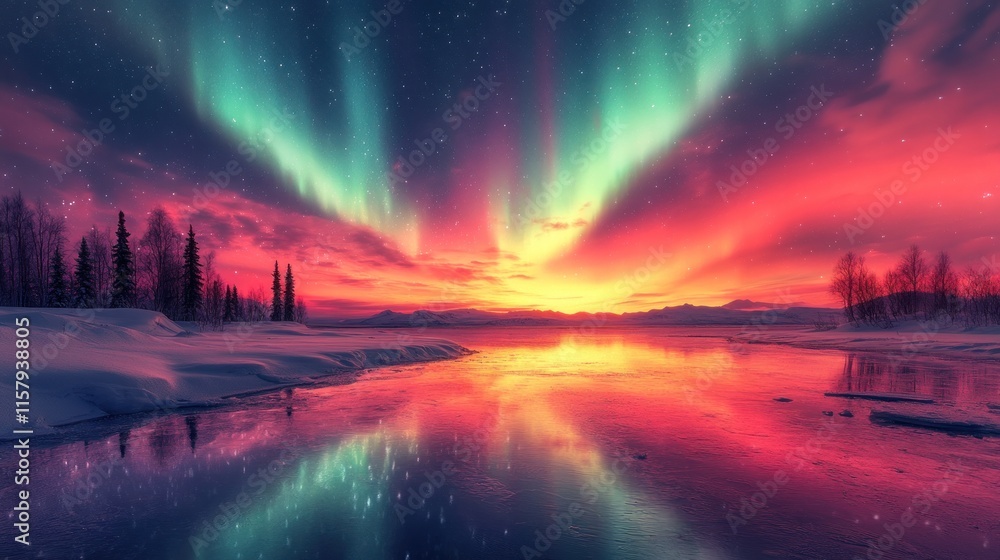 Vibrant aurora borealis reflected in a calm, snow-covered lake at sunset. Vibrant aurora borealis reflected in a calm, snow-covered lake at sunset.