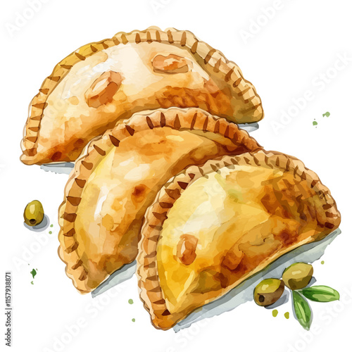 A watercolor vector painting of Argentine empanadas filled with beef and olives, isolated on a white background. Argentine empanadas vector.

