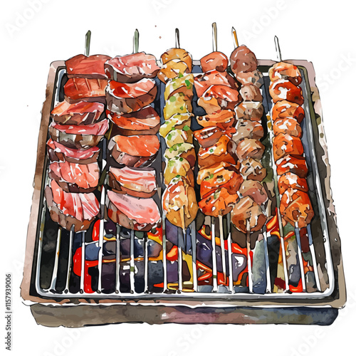 A watercolor vector painting of Argentine asado barbecue with grilled meat, isolated on a white background. Argentine asado vector.

