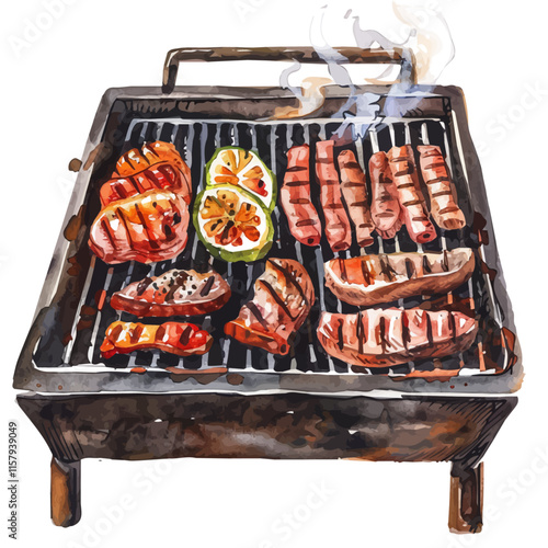 A watercolor vector painting of Argentine asado barbecue with grilled meat, isolated on a white background. Argentine asado vector.

