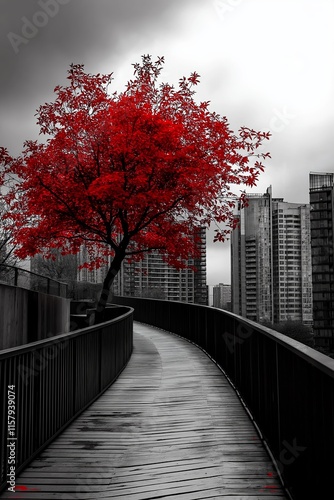 A striking red tree contrasts with gray buildings, symbolizing resilience and beauty in harsh environments. photo