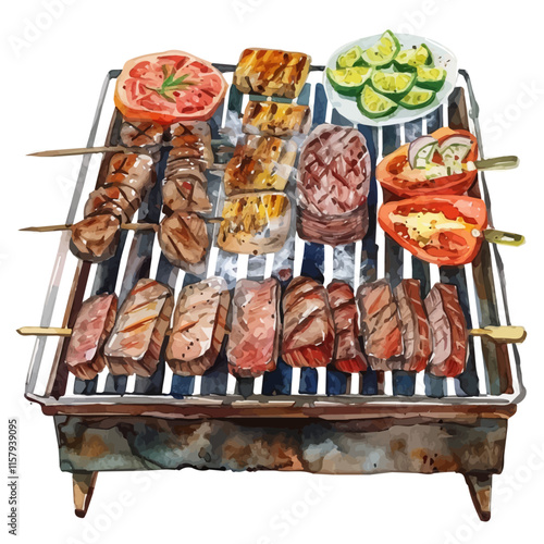 A watercolor vector painting of Argentine asado barbecue with grilled meat, isolated on a white background. Argentine asado vector.

