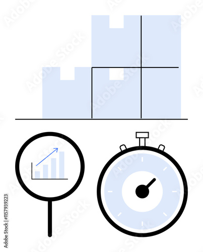 Boxes stacked magnifying glass with graph stopwatch. Ideal for logistics, supply chain, time management, efficiency, data analysis, productivity, business operations. Line metaphor
