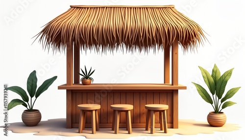 Tropical wooden tiki bar on beach. Stylish bar stand with thatched roof. Three stools for customers. Perfect for vacation party. Relaxing place on beach. Good for drinks, cocktails. Fresh fruit,
