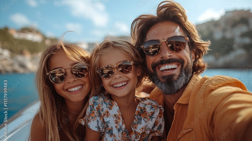 A joyful family selfie on a boat, enjoying a sunny day by the water. A joyful family selfie on a boat, enjoying a sunny day by the water.