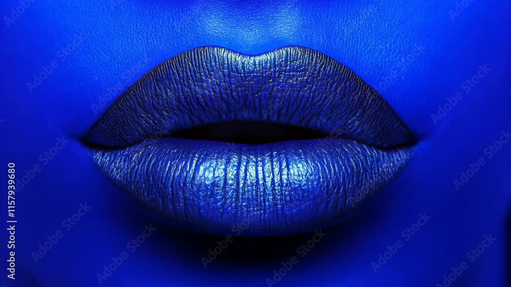 Vibrant blue lips with shimmering texture against a dark backdrop creating an artistic and bold visual expression Vibrant blue lips with shimmering texture against a dark backdrop creating an artistic and bold visual expression