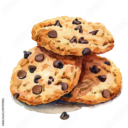 A watercolor vector painting of American peanut butter cookies with chocolate chips, isolated on a white background. American peanut butter cookies vector.

