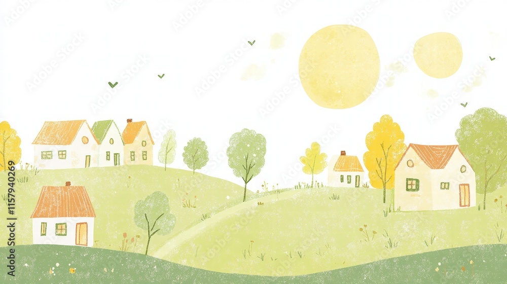 Charming naive art style landscape with colorful houses and serene hills providing ample space for creative text. Generative AI Charming naive art style landscape with colorful houses and serene hills providing ample space for creative text. Generative AI