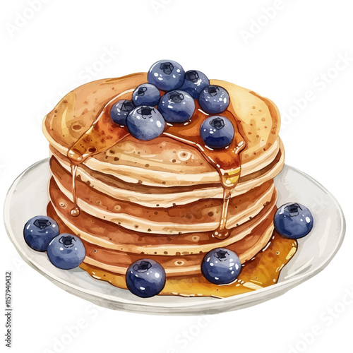 A watercolor vector painting of American pancakes with blueberries and maple syrup, isolated on a white background. American pancakes vector.

