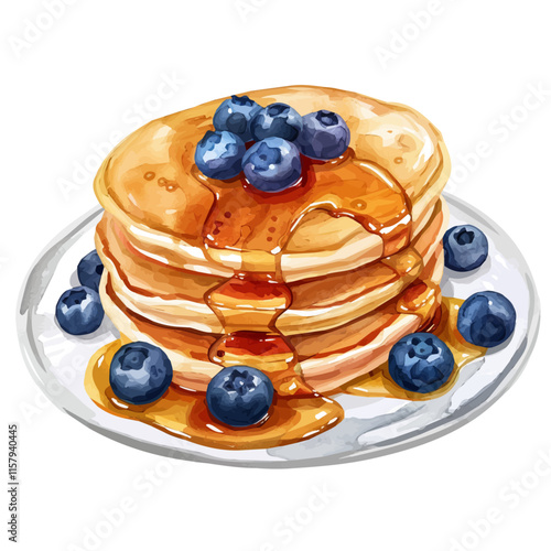 A watercolor vector painting of American pancakes with blueberries and maple syrup, isolated on a white background. American pancakes vector.

