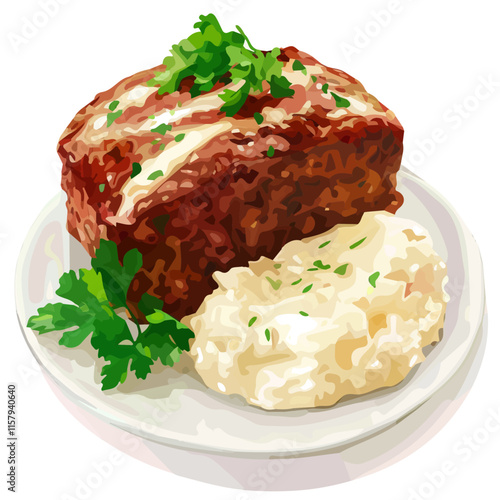 A watercolor vector painting of American meatloaf with mashed potatoes, isolated on a white background. American meatloaf vector.

