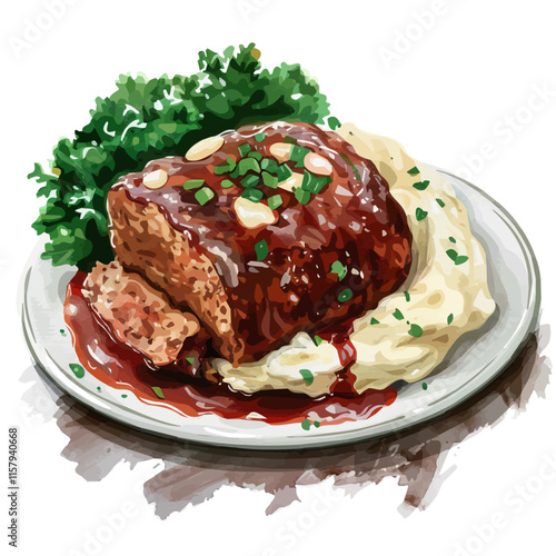 A watercolor vector painting of American meatloaf with mashed potatoes, isolated on a white background. American meatloaf vector.

