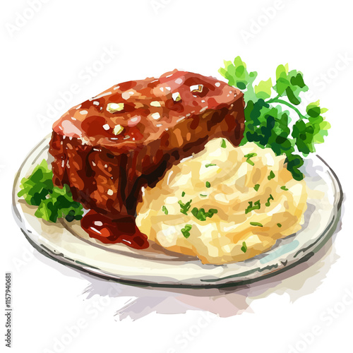 A watercolor vector painting of American meatloaf with mashed potatoes, isolated on a white background. American meatloaf vector.

