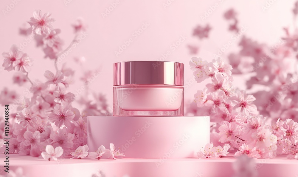 Two pink cosmetic cream jars on a pink pedestal surrounded by cherry blossom flowers. Soft monochromatic pink background with floral elements. Mockup Two pink cosmetic cream jars on a pink pedestal surrounded by cherry blossom flowers. Soft monochromatic pink background with floral elements. Mockup