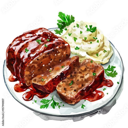 A watercolor vector painting of American meatloaf with mashed potatoes, isolated on a white background. American meatloaf vector.

