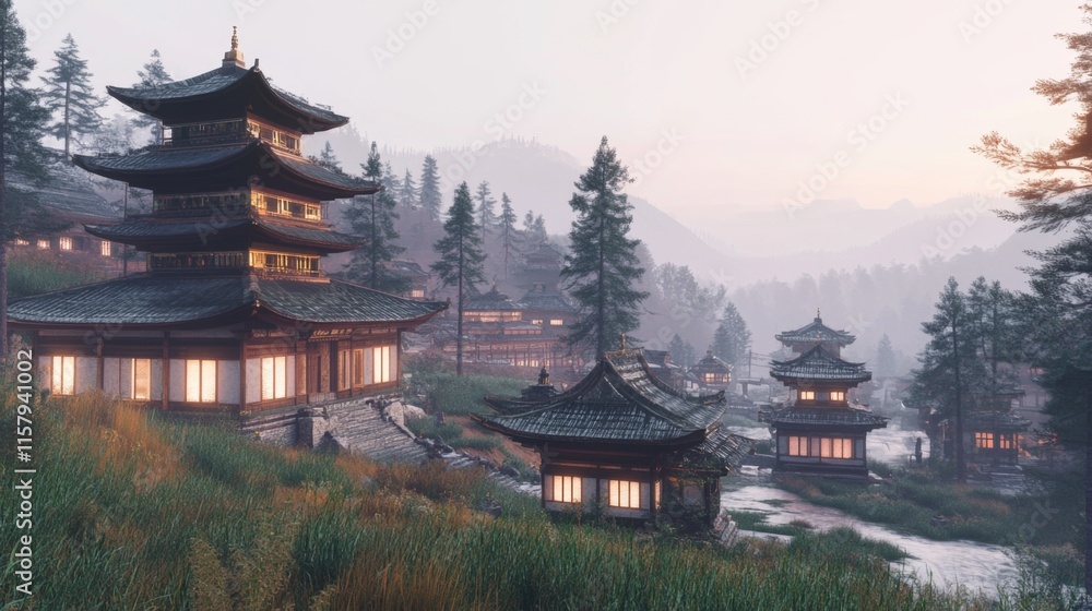 Obraz premium Scenic Hilltop Monasteries with Soft Valley Backdrop