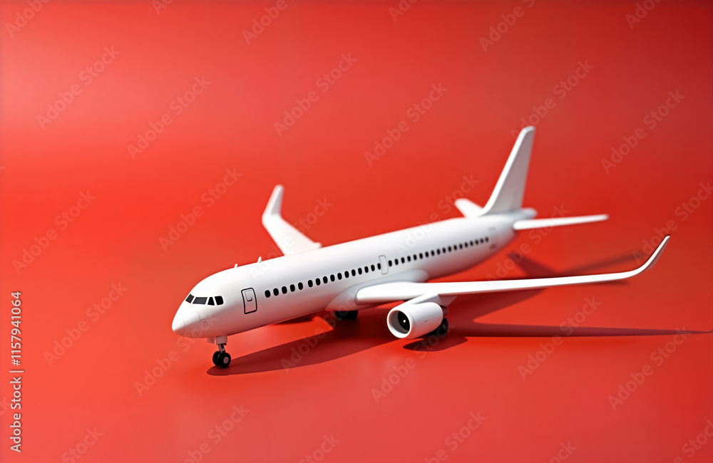 White passenger plane model sits on red background. Travel concept. Toy plane. Aircraft model. Commercial travel. Air travel. Holiday travel. No people. Studio shot. Simple design. Modern design. White passenger plane model sits on red background. Travel concept. Toy plane. Aircraft model. Commercial travel. Air travel. Holiday travel. No people. Studio shot. Simple design. Modern design.